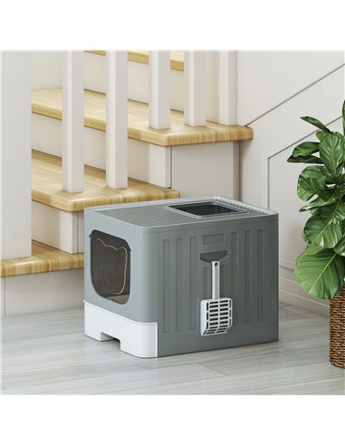 PawHut Cat Litter Box with Lid, Slide-Out Drawer, Scoop, Easy Clean, Odour Control, Anti-Splashing, Grey