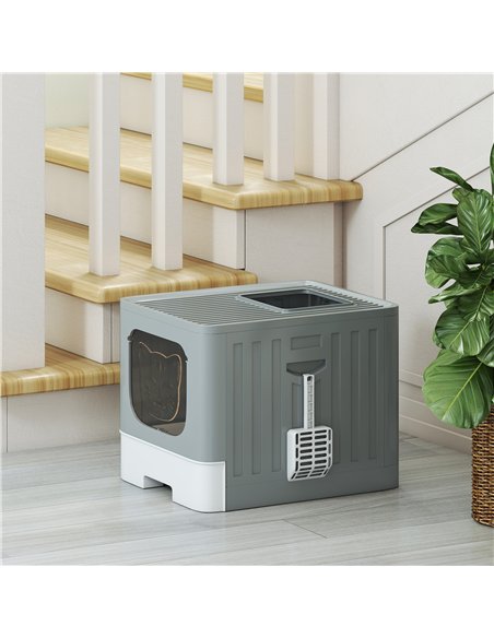 PawHut Cat Litter Box with Lid, Slide-Out Drawer, Scoop, Easy Clean, Odour Control, Anti-Splashing, Grey - pic 194689 | FastDaddyshop
