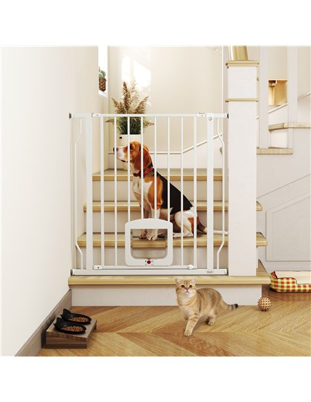 PawHut Adjustable Pet Gate with Cat Door, Pressure Fit Barrier for Doorway and Hallway, 75-85 cm, White - pic 194773 | FastDaddyshop