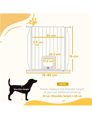 PawHut Adjustable Pet Gate with Cat Door, Pressure Fit Barrier for Doorway and Hallway, 75-85 cm, White