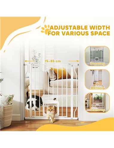 PawHut Adjustable Pet Gate with Cat Door, Pressure Fit Barrier for Doorway and Hallway, 75-85 cm, White