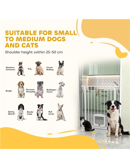 PawHut Adjustable Pet Gate with Cat Door, Pressure Fit Barrier for Doorway and Hallway, 75-85 cm, White - pic 194780 | FastDaddyshop