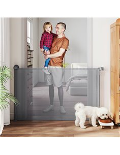 PawHut Retractable Dog Gate, Extends to 140 cm Wide & 93 cm Tall, Mesh Pet Gate with Single Hand Operation, for Stairs Doorways 2