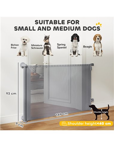 PawHut Retractable Dog Gate, Extends to 140 cm Wide & 93 cm Tall, Mesh Pet Gate with Single Hand Operation, for Stairs Doorways