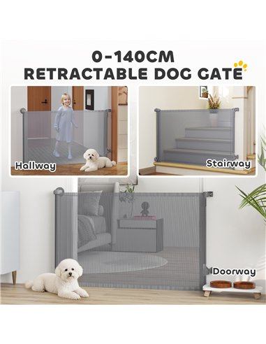 PawHut Retractable Dog Gate, Extends to 140 cm Wide & 93 cm Tall, Mesh Pet Gate with Single Hand Operation, for Stairs Doorways