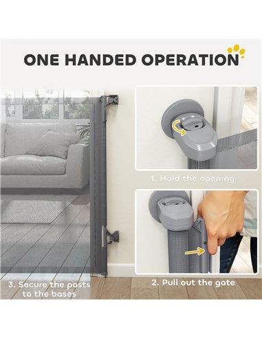 PawHut Retractable Dog Gate, Extends to 140 cm Wide & 93 cm Tall, Mesh Pet Gate with Single Hand Operation, for Stairs Doorways