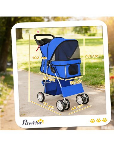 PawHut Dog Pram, Pet Stroller with Reflective Strips, Foldable Cat Stroller with 360° Swivel Wheels, Blue
