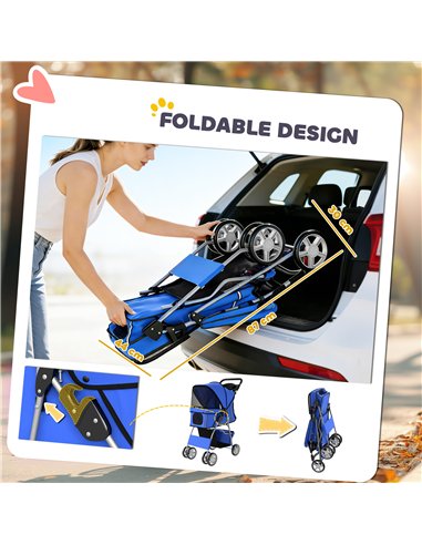 PawHut Dog Pram, Pet Stroller with Reflective Strips, Foldable Cat Stroller with 360° Swivel Wheels, Blue