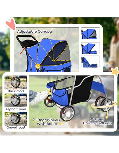 PawHut Dog Pram, Pet Stroller with Reflective Strips, Foldable Cat Stroller with 360° Swivel Wheels, Blue
