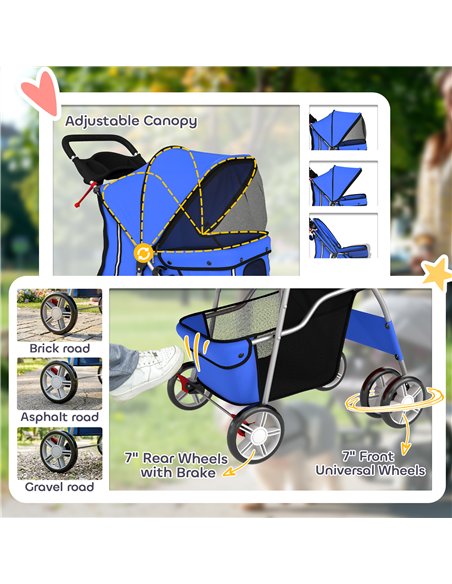 PawHut Dog Pram, Pet Stroller with Reflective Strips, Foldable Cat Stroller with 360° Swivel Wheels, Blue - pic 194849 | FastDaddyshop
