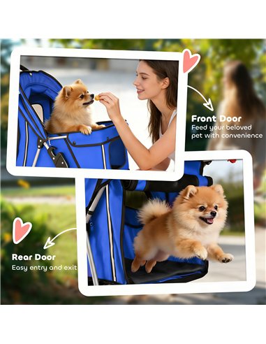 PawHut Dog Pram, Pet Stroller with Reflective Strips, Foldable Cat Stroller with 360° Swivel Wheels, Blue