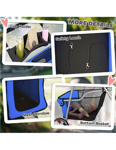 PawHut Dog Pram, Pet Stroller with Reflective Strips, Foldable Cat Stroller with 360° Swivel Wheels, Blue