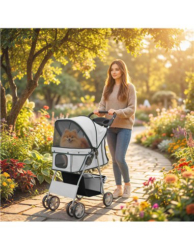 PawHut Dog Pram, Pet Stroller with Reflective Strips, Foldable Cat Stroller with 360° Swivel Wheels, Grey