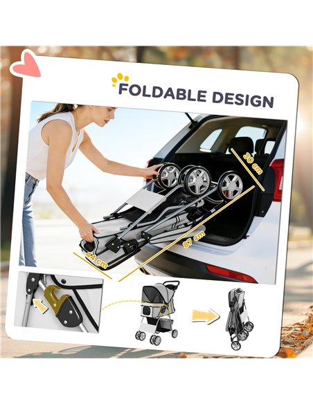 PawHut Dog Pram, Pet Stroller with Reflective Strips, Foldable Cat Stroller with 360° Swivel Wheels, Grey - pic 194857 | FastDaddyshop