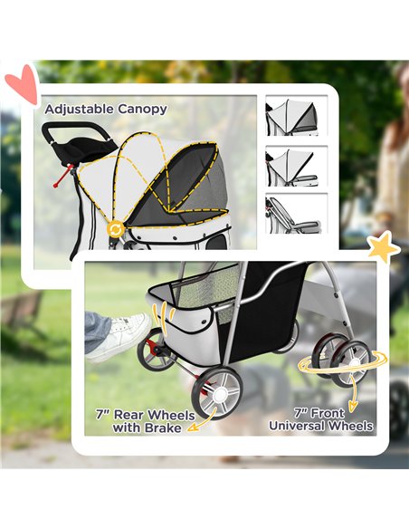 PawHut Dog Pram, Pet Stroller with Reflective Strips, Foldable Cat Stroller with 360° Swivel Wheels, Grey - pic 194858 | FastDaddyshop