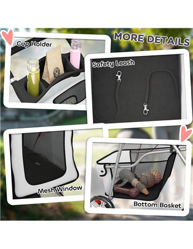 PawHut Dog Pram, Pet Stroller with Reflective Strips, Foldable Cat Stroller with 360° Swivel Wheels, Grey