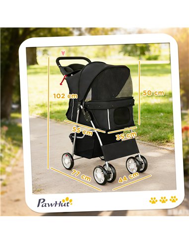 PawHut Dog Pram, Pet Stroller with Reflective Strips, Foldable Cat Stroller with 360° Swivel Wheels, Black