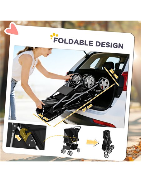 PawHut Dog Pram, Pet Stroller with Reflective Strips, Foldable Cat Stroller with 360° Swivel Wheels, Black - pic 194866 | FastDaddyshop