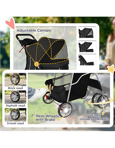 PawHut Dog Pram, Pet Stroller with Reflective Strips, Foldable Cat Stroller with 360° Swivel Wheels, Black