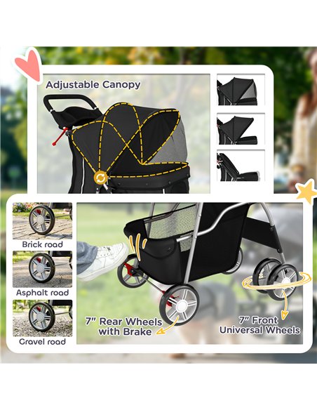 PawHut Dog Pram, Pet Stroller with Reflective Strips, Foldable Cat Stroller with 360° Swivel Wheels, Black - pic 194867 | FastDaddyshop