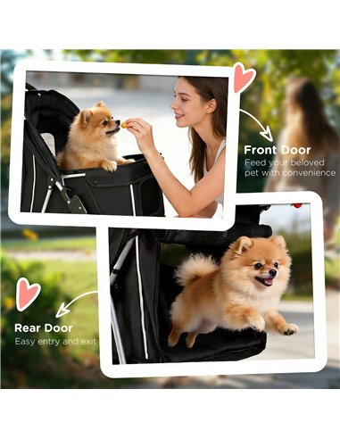 PawHut Dog Pram, Pet Stroller with Reflective Strips, Foldable Cat Stroller with 360° Swivel Wheels, Black
