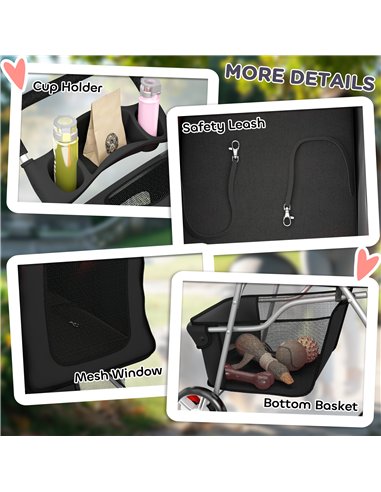 PawHut Dog Pram, Pet Stroller with Reflective Strips, Foldable Cat Stroller with 360° Swivel Wheels, Black