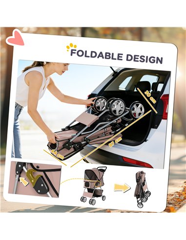 PawHut Dog Pram, Pet Stroller with Reflective Strips, Foldable Cat Stroller with 360° Swivel Wheels, Brown