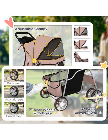PawHut Dog Pram, Pet Stroller with Reflective Strips, Foldable Cat Stroller with 360° Swivel Wheels, Brown - pic 194876 | FastDaddyshop