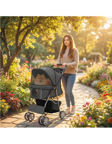PawHut Dog Pram, Pet Stroller with Reflective Strips, Foldable Cat Stroller with 360° Swivel Wheels, Dark Grey