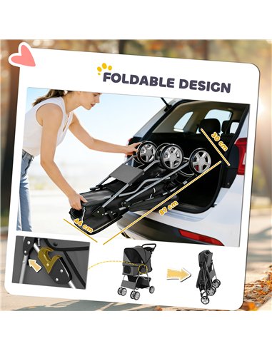 PawHut Dog Pram, Pet Stroller with Reflective Strips, Foldable Cat Stroller with 360° Swivel Wheels, Dark Grey