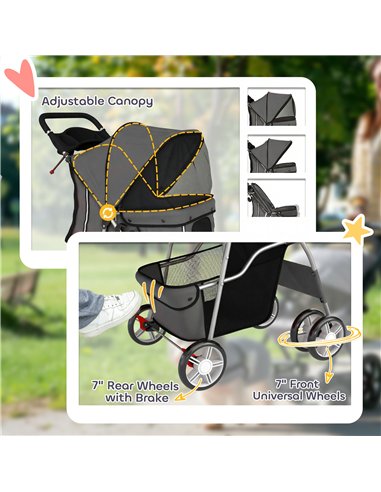 PawHut Dog Pram, Pet Stroller with Reflective Strips, Foldable Cat Stroller with 360° Swivel Wheels, Dark Grey