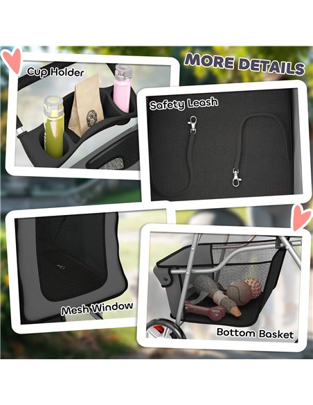 PawHut Dog Pram, Pet Stroller with Reflective Strips, Foldable Cat Stroller with 360° Swivel Wheels, Dark Grey - pic 194887 | FastDaddyshop