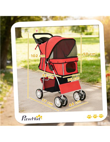 PawHut Dog Pram, Pet Stroller with Reflective Strips, Foldable Cat Stroller with 360° Swivel Wheels, Red