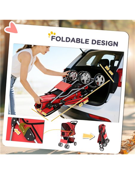 PawHut Dog Pram, Pet Stroller with Reflective Strips, Foldable Cat Stroller with 360° Swivel Wheels, Red - pic 194893 | FastDaddyshop