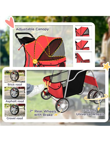 PawHut Dog Pram, Pet Stroller with Reflective Strips, Foldable Cat Stroller with 360° Swivel Wheels, Red