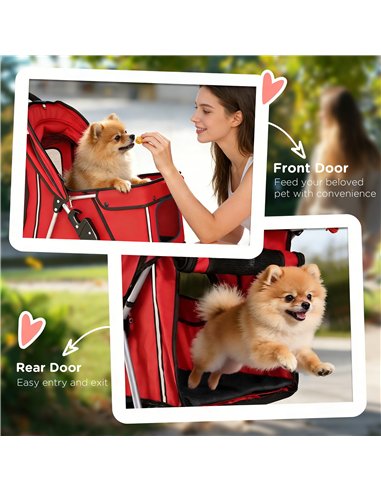 PawHut Dog Pram, Pet Stroller with Reflective Strips, Foldable Cat Stroller with 360° Swivel Wheels, Red