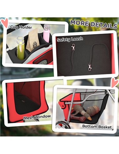 PawHut Dog Pram, Pet Stroller with Reflective Strips, Foldable Cat Stroller with 360° Swivel Wheels, Red