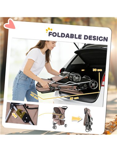 PawHut Dog Stroller, 3 Wheels Foldable Pet Stroller with Adjustable Canopy, Storage Basket for Small Mini Breeds, Coffee