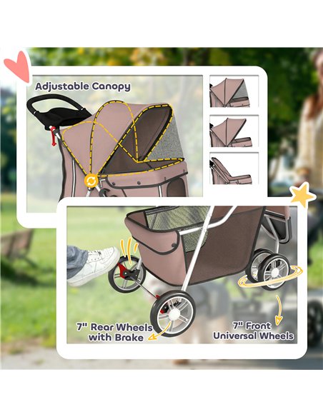 PawHut Dog Stroller, 3 Wheels Foldable Pet Stroller with Adjustable Canopy, Storage Basket for Small Mini Breeds, Coffee - pic 194912 | FastDaddyshop