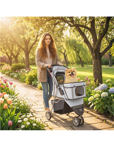 PawHut Dog Stroller, 3 Wheels Foldable Pet Stroller with Adjustable Canopy, Storage Basket for Small Mini Breeds, Grey