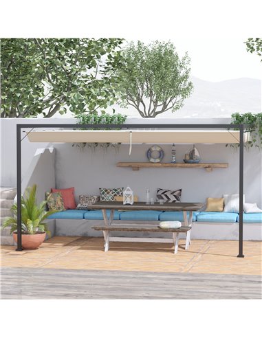 Outsunny 4m Outdoor Pergola with Retractable Canopy, Wall Mounted Gazebo, Beige