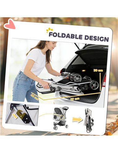 PawHut Dog Stroller, 3 Wheels Foldable Pet Stroller with Adjustable Canopy, Storage Basket for Small Mini Breeds, Grey