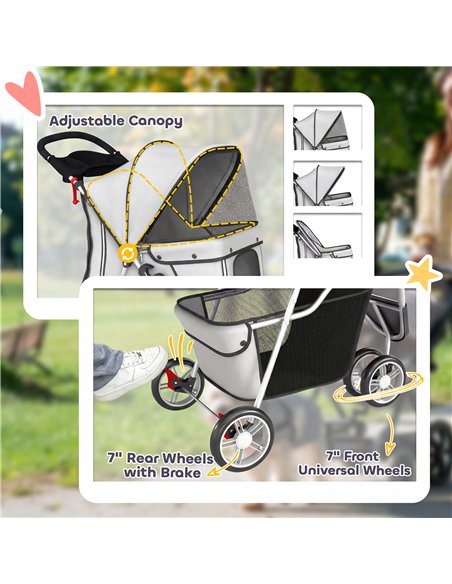 PawHut Dog Stroller, 3 Wheels Foldable Pet Stroller with Adjustable Canopy, Storage Basket for Small Mini Breeds, Grey - pic 194921 | FastDaddyshop