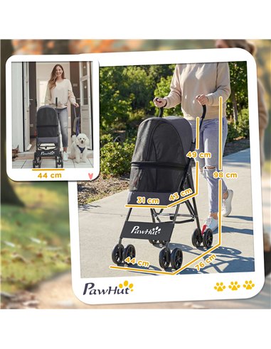 PawHut Dog Stroller, Foldable Cat Dog Pram for Miniature Breeds, Pet Stroller with Brake, Mesh Windows, Dark Grey