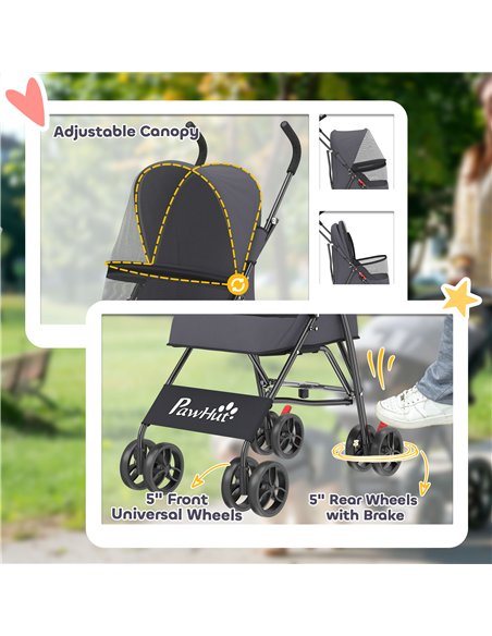 PawHut Dog Stroller, Foldable Cat Dog Pram for Miniature Breeds, Pet Stroller with Brake, Mesh Windows, Dark Grey - pic 194966 | FastDaddyshop