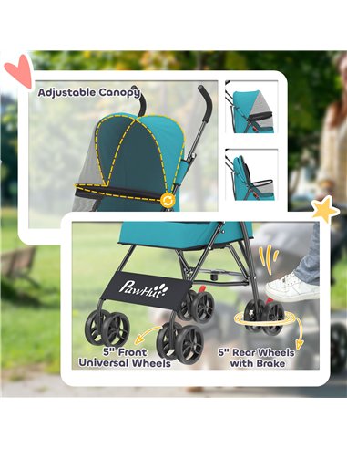 PawHut Dog Stroller, Foldable Cat Dog Pram for Miniature Breeds, Pet Stroller with Brake, Mesh Windows, Dark Green