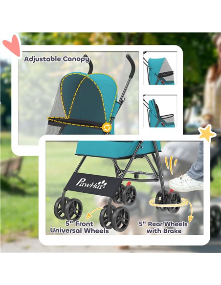 PawHut Dog Stroller, Foldable Cat Dog Pram for Miniature Breeds, Pet Stroller with Brake, Mesh Windows, Dark Green - pic 194975 | FastDaddyshop