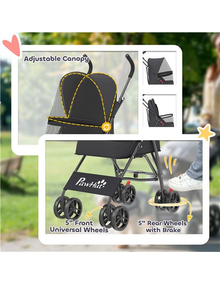 PawHut Dog Stroller, Foldable Cat Dog Pram for Miniature Breeds, Pet Stroller with Brake, Mesh Windows, Black - pic 194984 | FastDaddyshop