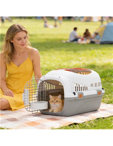 PawHut Plastic Pet Carrier Hard Shell Dog Cat Carrier Max 4 KG Steel Door Feed Bowl Secure Lock 49 x 32 x 31 cm