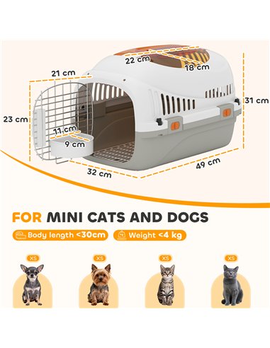 PawHut Plastic Pet Carrier Hard Shell Dog Cat Carrier Max 4 KG Steel Door Feed Bowl Secure Lock 49 x 32 x 31 cm